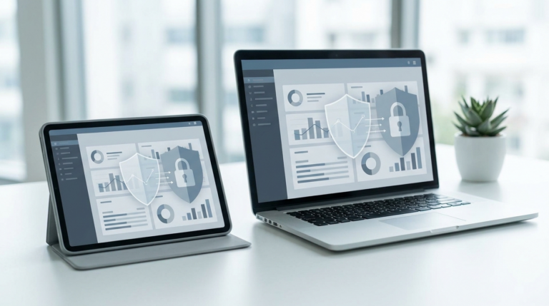 Portátil y tablet mostrando un panel de software de compliance y protección de datos con un icono de escudo de seguridad