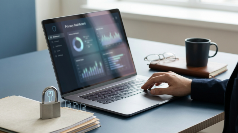 Mesa moderna con un portatil que muestra un panel abstracto de privacidad, candado e iconos de documentos, ilustrando la figura del DPO bajo el RGPD