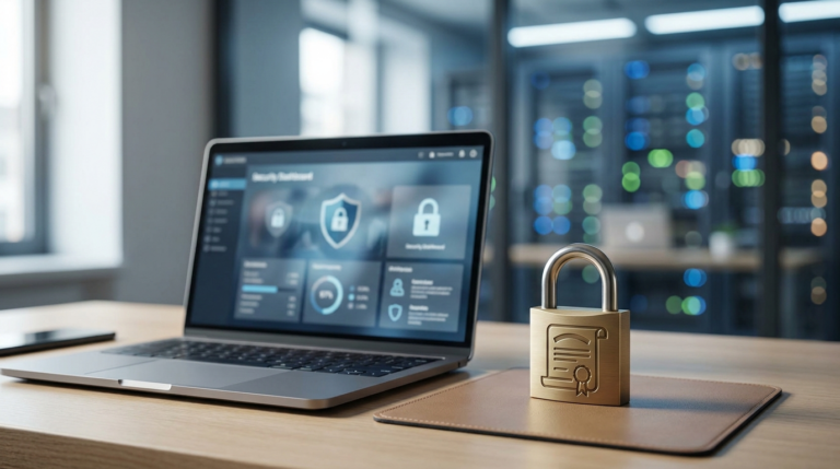 Escritorio con portátil mostrando un panel de seguridad de la información y un candado, ilustrando la certificación ISO 27001