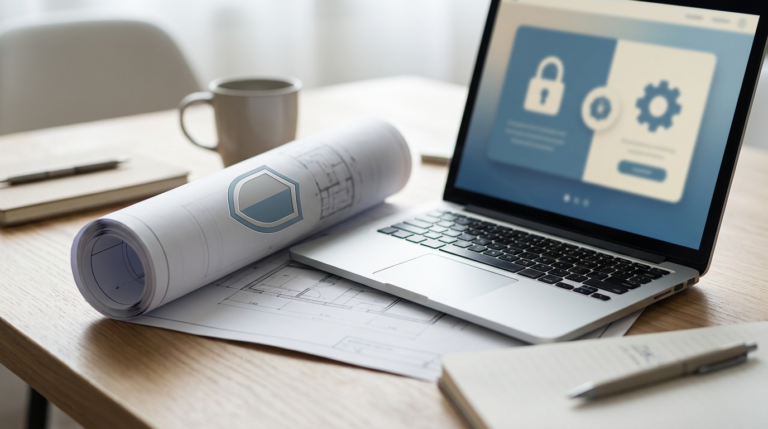 Plano de diseño, un icono de escudo y un portátil con un panel de privacidad, ilustrando el principio de privacidad desde el diseño