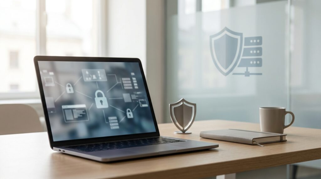 Escritorio de oficina con un portátil mostrando un panel de protección de datos y un escudo, ilustrando la protección de datos en empresas según el RGPD