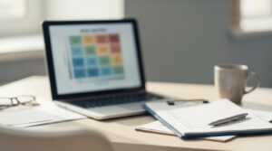Portátil mostrando una matriz de riesgo y una lista de verificación, ilustrando una evaluación de impacto en protección de datos (DPIA)