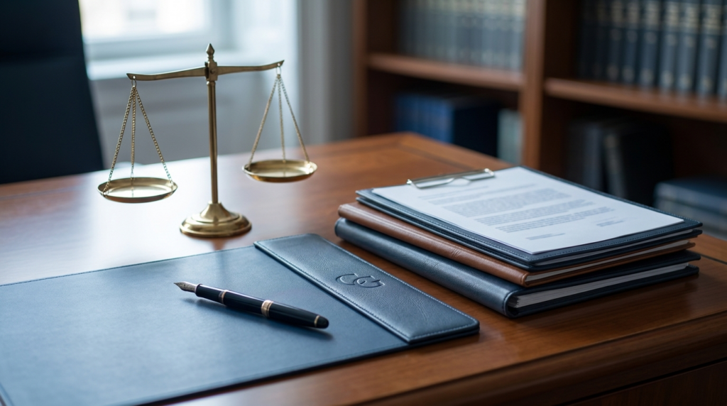 Escritorio legal con una balanza, documentos y una pluma, ilustrando un programa de compliance penal y defensa de la competencia