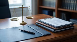 Escritorio legal con una balanza, documentos y una pluma, ilustrando un programa de compliance penal y defensa de la competencia