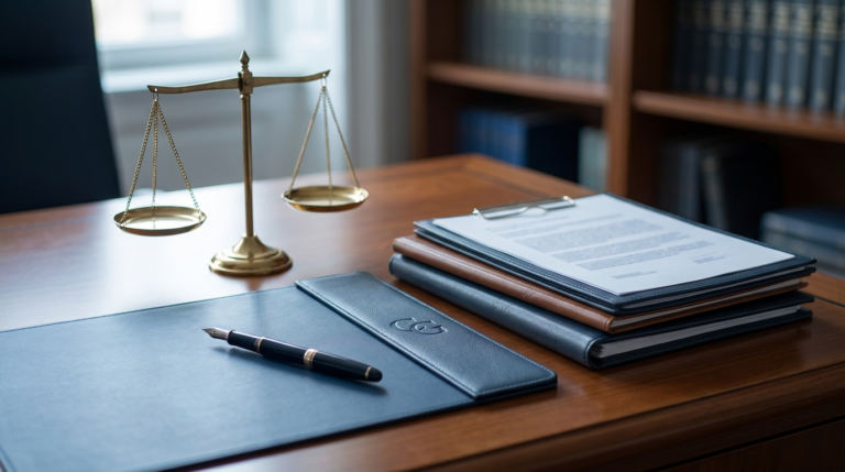 Escritorio legal con una balanza, documentos y una pluma, ilustrando un programa de compliance penal y defensa de la competencia