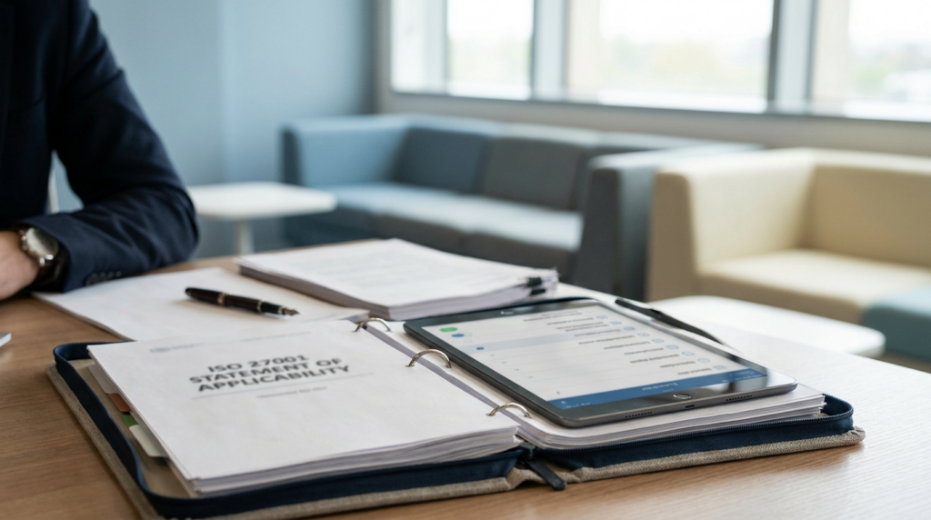 Carpeta de auditoría abierta y una tablet con una lista de controles, ilustrando la Declaración de Aplicabilidad (SoA) de ISO 27001