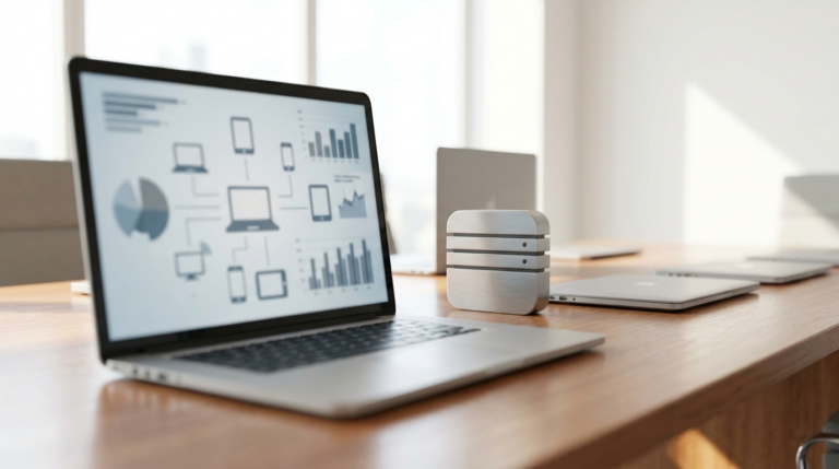 Portátil con un panel de inventario de dispositivos de varias empresas, ilustrando el inventario de equipos informáticos para empresas y MSP