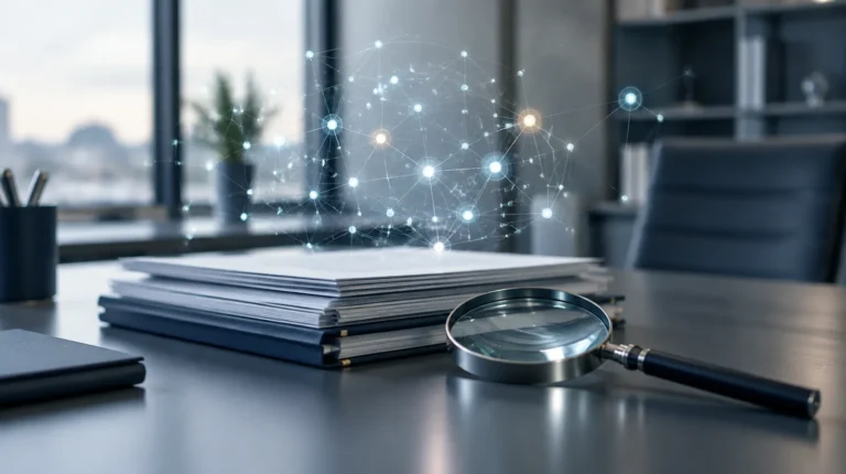 Despacho institucional con documentación oficial y una red de nodos superpuesta que representa la supervisión de sistemas de inteligencia artificial por la AESIA