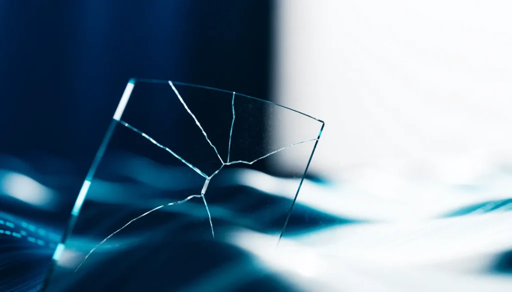Imagen abstracta de la respuesta ante una brecha de seguridad, con un panel de vidrio fracturado que se recompone sobre un campo de luz azul