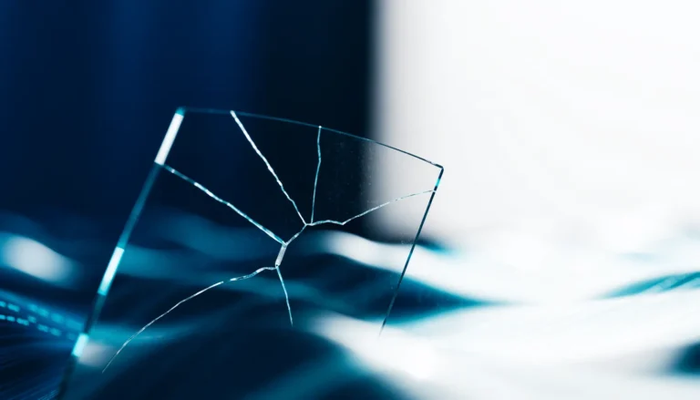Imagen abstracta de la respuesta ante una brecha de seguridad, con un panel de vidrio fracturado que se recompone sobre un campo de luz azul