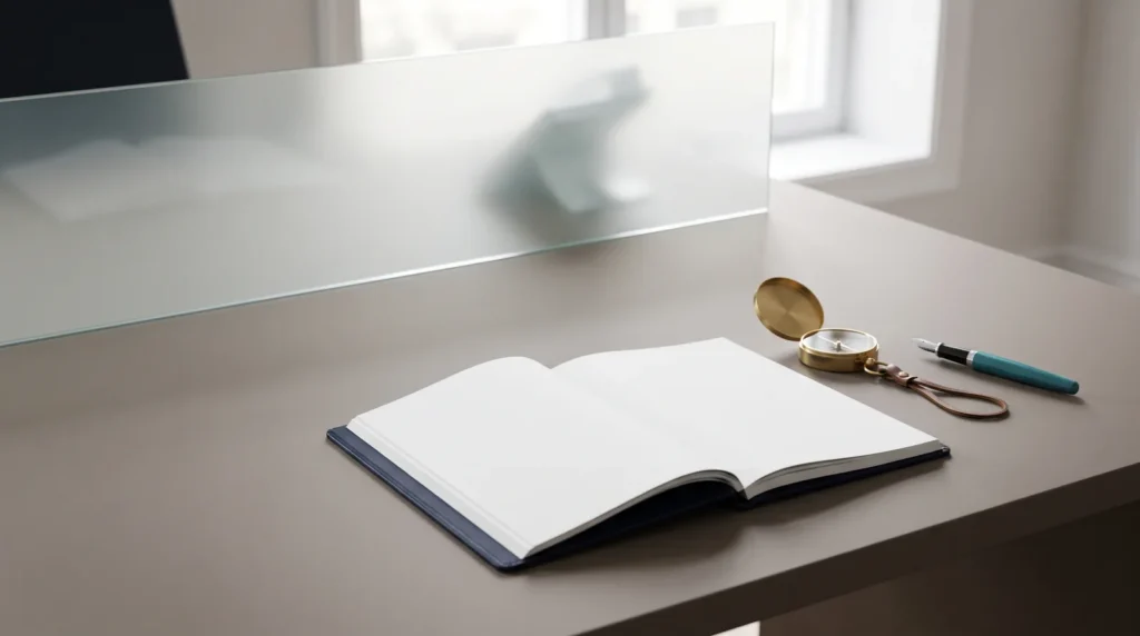 Manual abierto y brújula sobre una mesa de oficina, ilustrando el código ético de una empresa