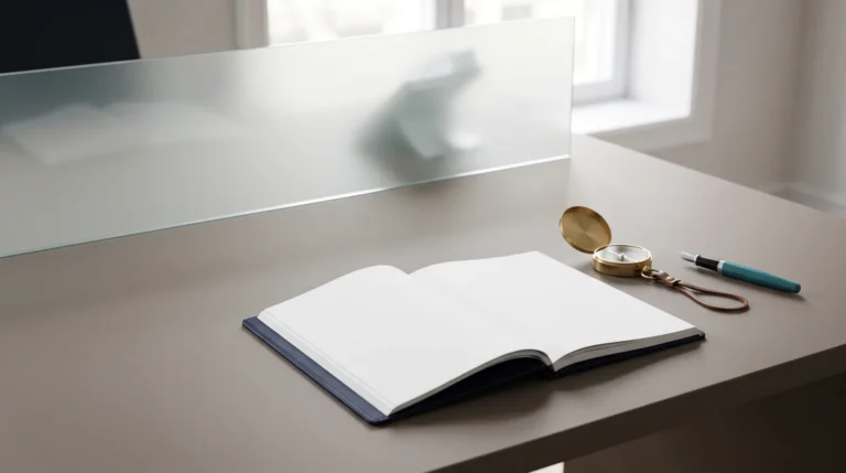 Manual abierto y brújula sobre una mesa de oficina, ilustrando el código ético de una empresa