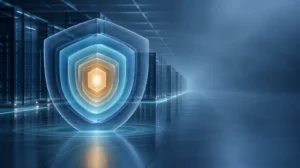 Capas de protección concéntricas en forma de escudo sobre un centro de datos, representación abstracta de las categorías de seguridad del Esquema Nacional de Seguridad del Real Decreto 311/2022