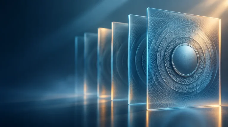 Paneles de vidrio translúcidos apilados en profundidad con un sello circular en relieve, representación abstracta del sistema de gestión de seguridad de la información certificado según ISO 27001