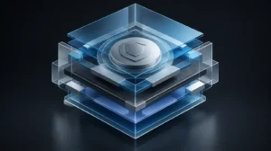 Paneles geométricos translúcidos ordenados en capas con un sello circular abstracto, que representan un sistema de gestión de IA certificado bajo ISO 42001
