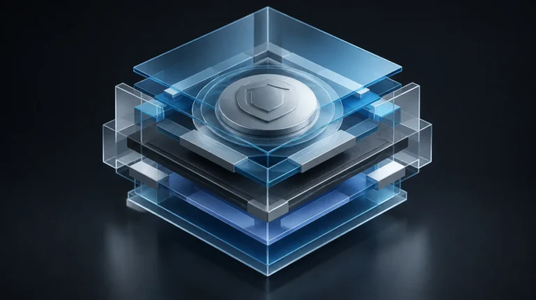 Paneles geométricos translúcidos ordenados en capas con un sello circular abstracto, que representan un sistema de gestión de IA certificado bajo ISO 42001