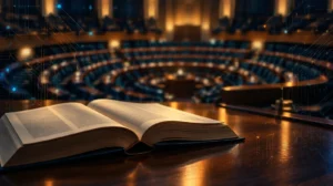 Código legal abierto sobre mesa de madera con una cámara parlamentaria desenfocada al fondo y un velo de circuitos digitales, que representa la ley española de inteligencia artificial