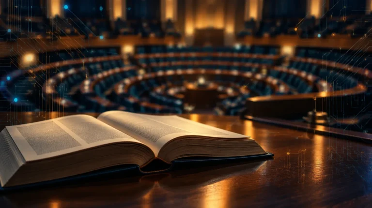 Código legal abierto sobre mesa de madera con una cámara parlamentaria desenfocada al fondo y un velo de circuitos digitales, que representa la ley española de inteligencia artificial
