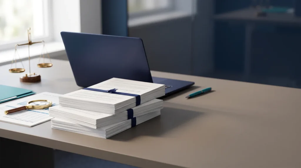 Documentos financieros y lupa sobre una mesa de oficina, ilustrando las obligaciones de prevención del blanqueo de la Ley 10/2010