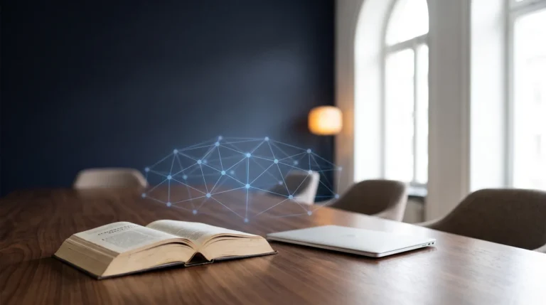 Sala de reuniones con un código legal abierto y una red de nodos que representa el Reglamento Europeo de Inteligencia Artificial