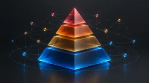 Pirámide de cuatro niveles translúcidos de azul a rojo rodeada de nodos de datos, que representa la clasificación de riesgo de los sistemas de IA del Reglamento europeo