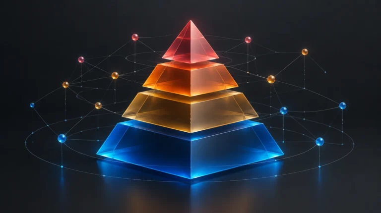 Pirámide de cuatro niveles translúcidos de azul a rojo rodeada de nodos de datos, que representa la clasificación de riesgo de los sistemas de IA del Reglamento europeo