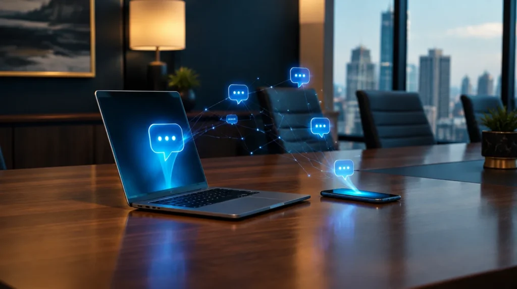 Portátil y móvil en una sala de reuniones con burbujas de conversación luminosas, representación de un canal de denuncias multicanal para empresas