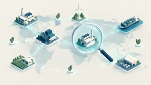 Cadena de valor global inspeccionada con una lupa, ilustración sobre la CSDDD y la diligencia debida en sostenibilidad tras la Ómnibus I