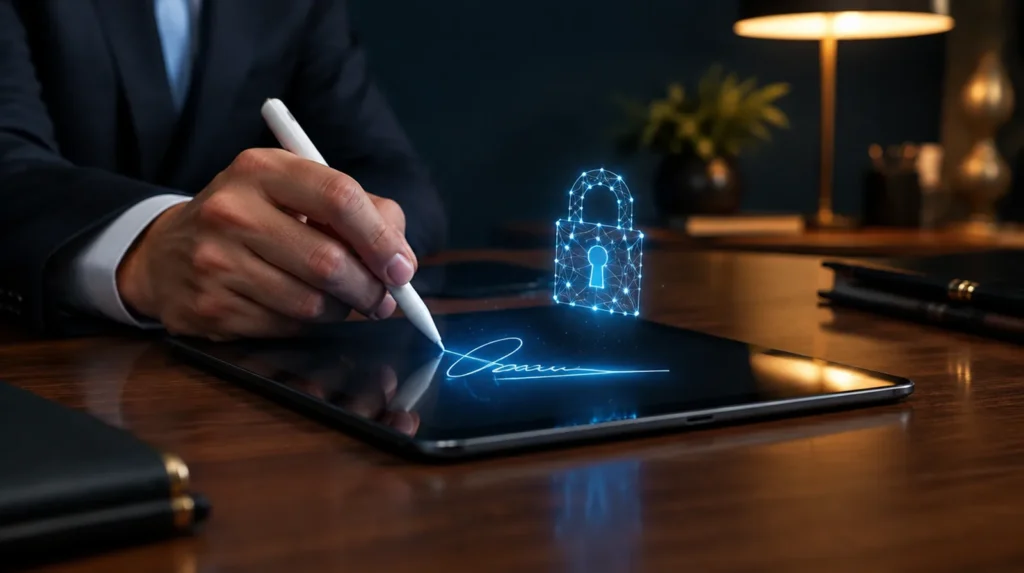Mano firmando con stylus sobre una tablet con una firma electrónica luminosa y un candado de seguridad, firma electrónica para empresas en España