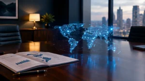 Mapa mundial de nodos conectados sobre un informe en una mesa de despacho, símbolo de las listas del GAFI y la prevención de blanqueo de capitales
