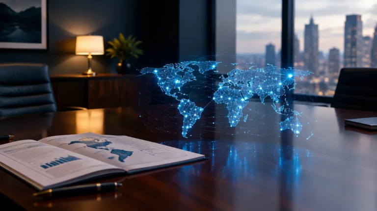 Mapa mundial de nodos conectados sobre un informe en una mesa de despacho, símbolo de las listas del GAFI y la prevención de blanqueo de capitales